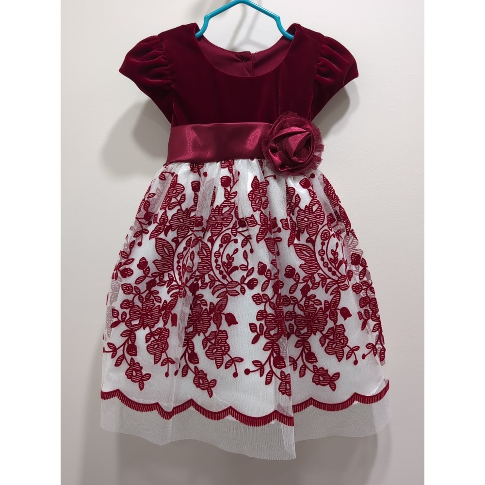 NEW! Girls Deep Red Velvet Floral Tulle Holiday Dress 18M Bow Special Occasion